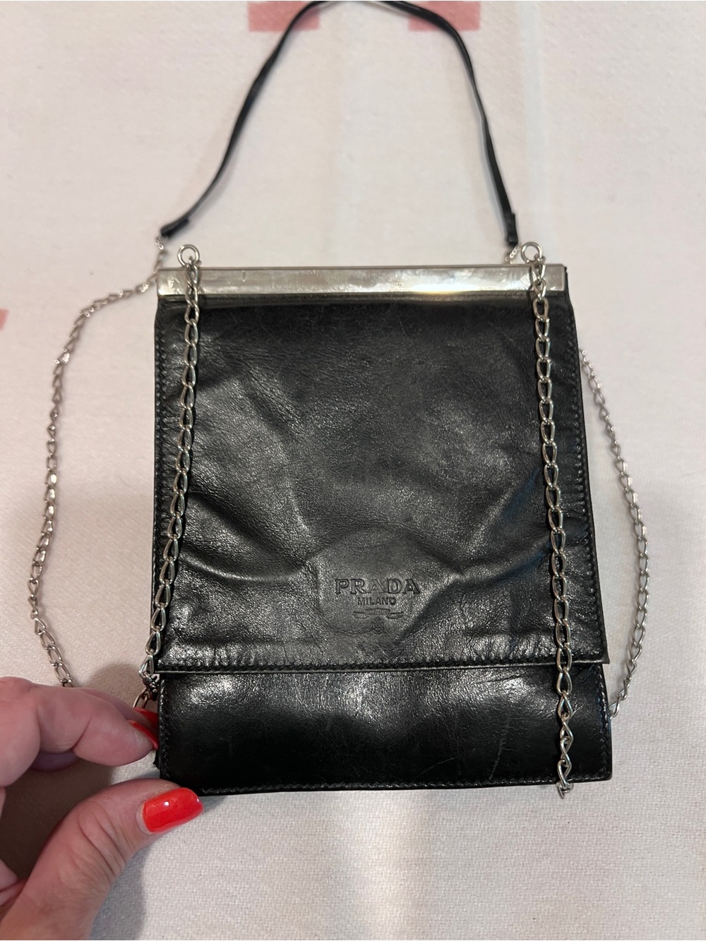 PRADA⭐️RARE VINTAGE Black Leather Chain-Strap Shoulder Bag! - Picture 5 of 14